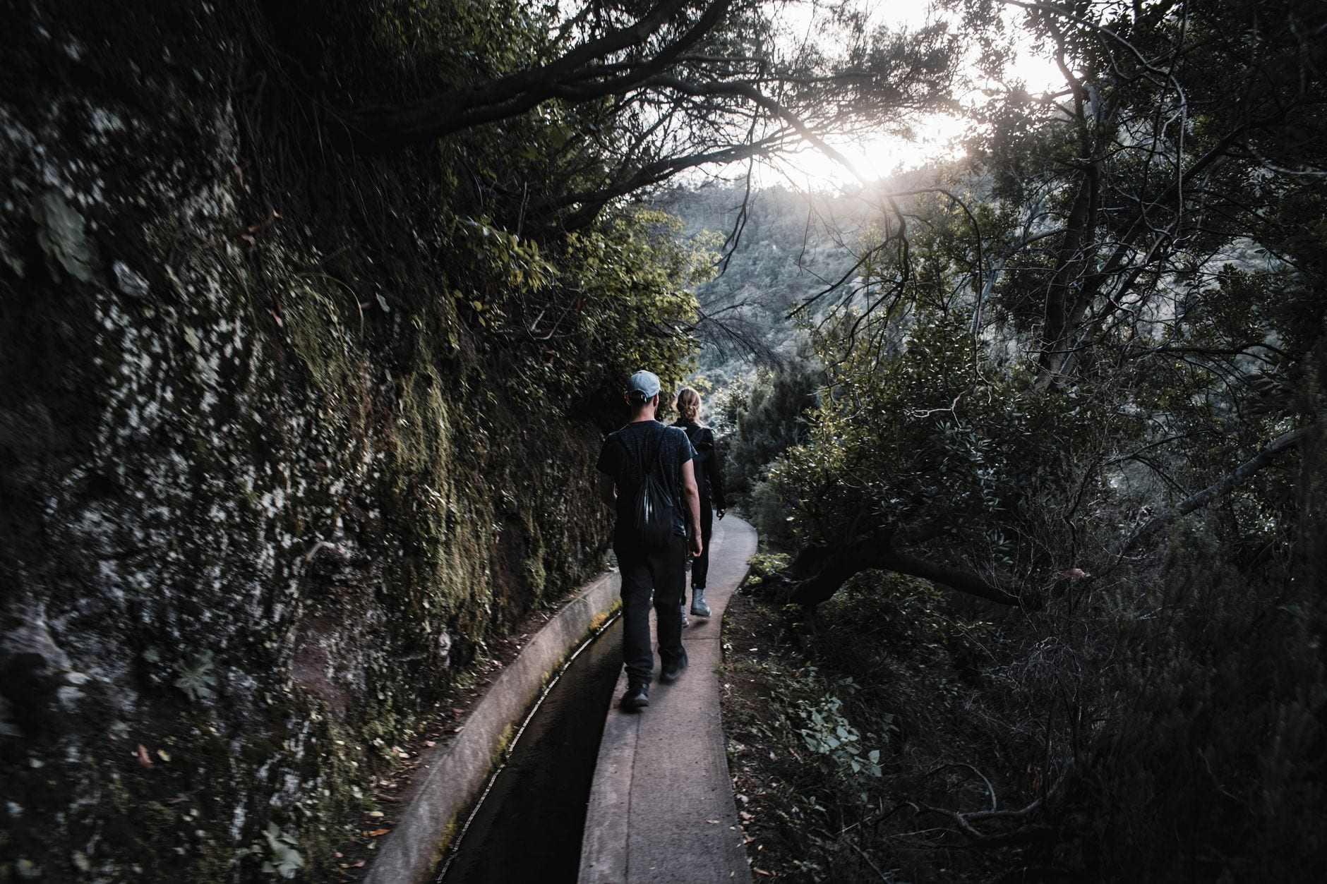 Two walkers following a path beside a levada in Madeira woodland