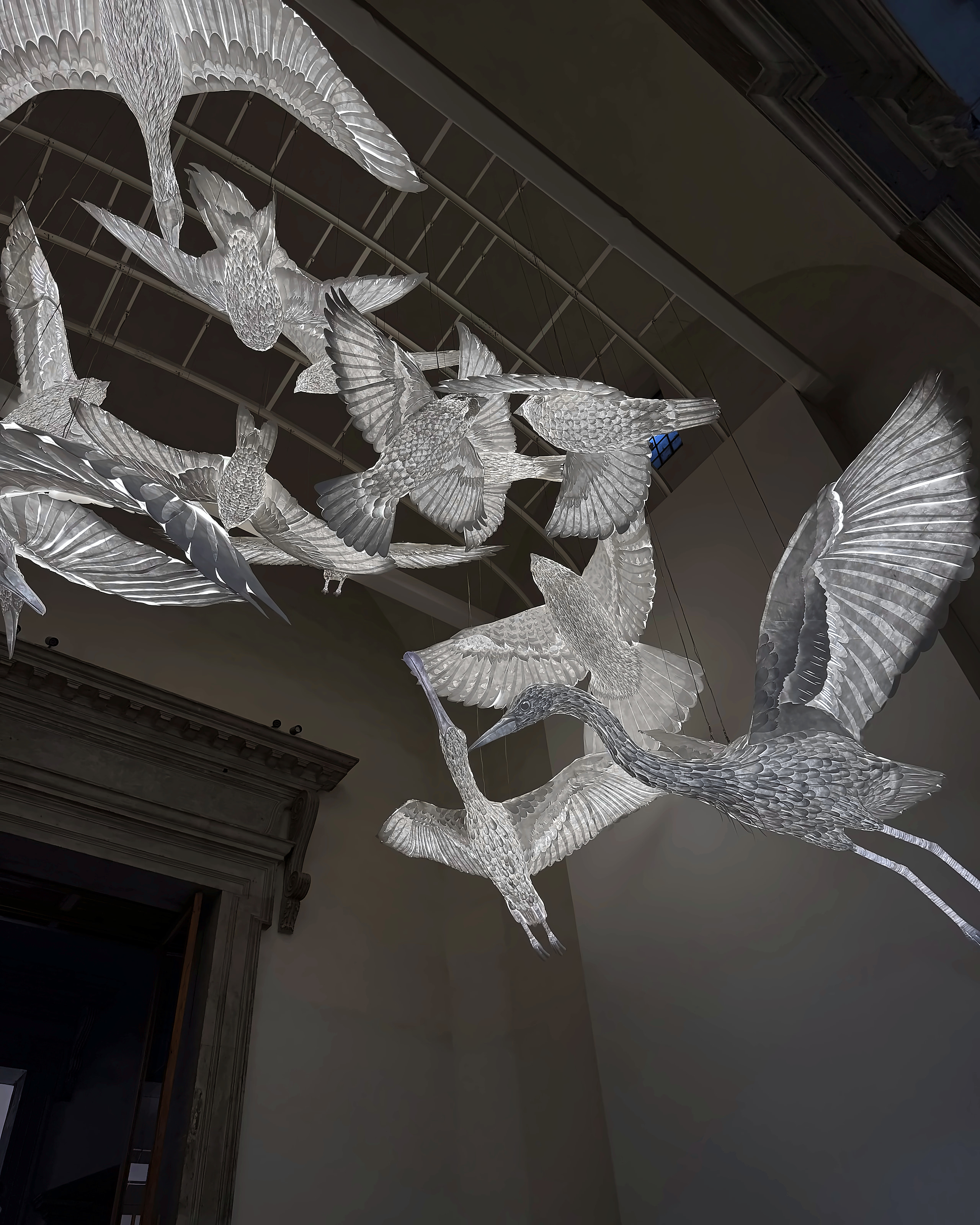 Silver sculpted birds suspended in flight